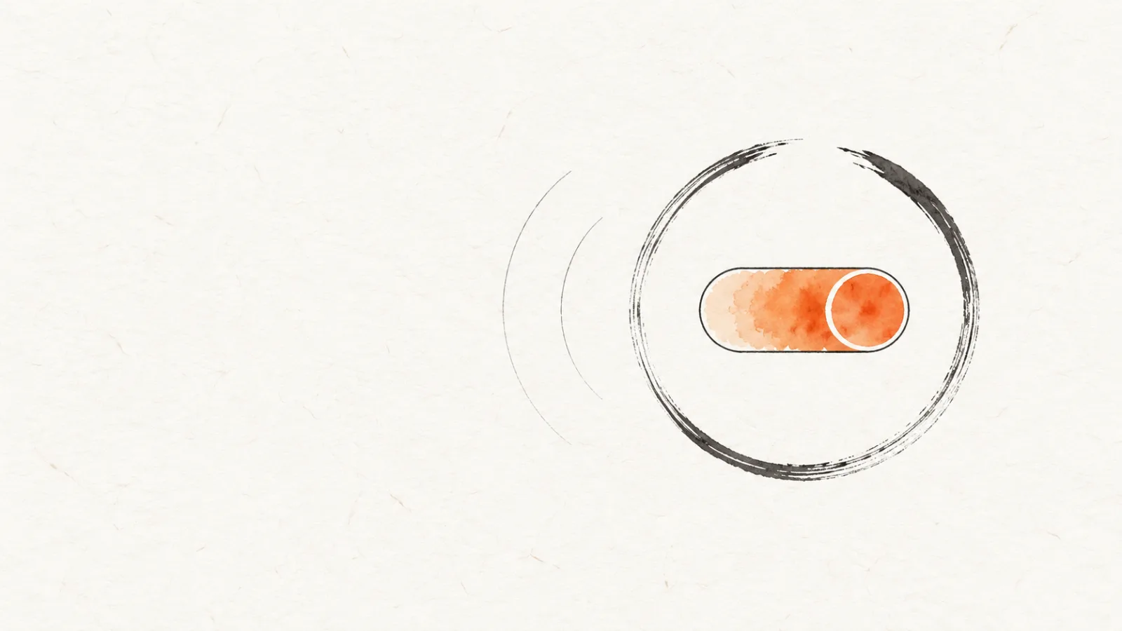 A hairline toggle switch flipped on, its track filling with soft orange watercolor inside an open ink enso circle.