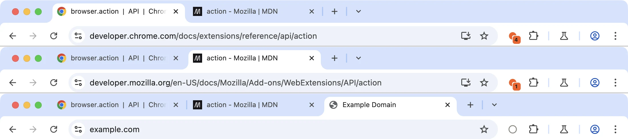 The same Chrome window with each of three tabs active in turn: the Tab Pulse badge reads 4, then 1, then shows only the gray idle ring on a fresh tab