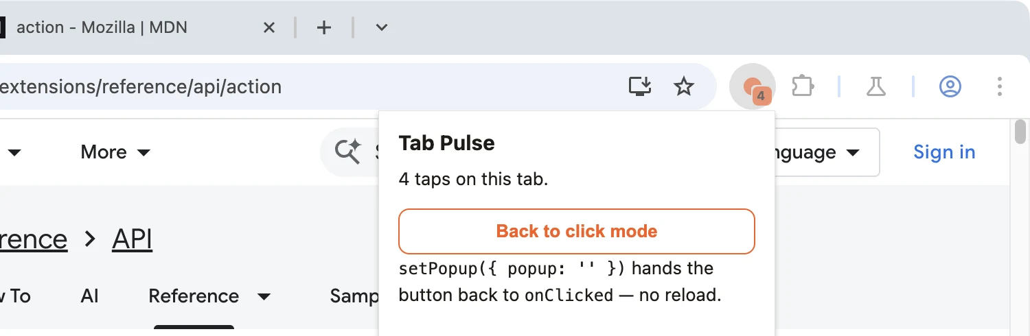 Tab Pulse popup showing the tap count for the current tab and a back-to-click-mode button