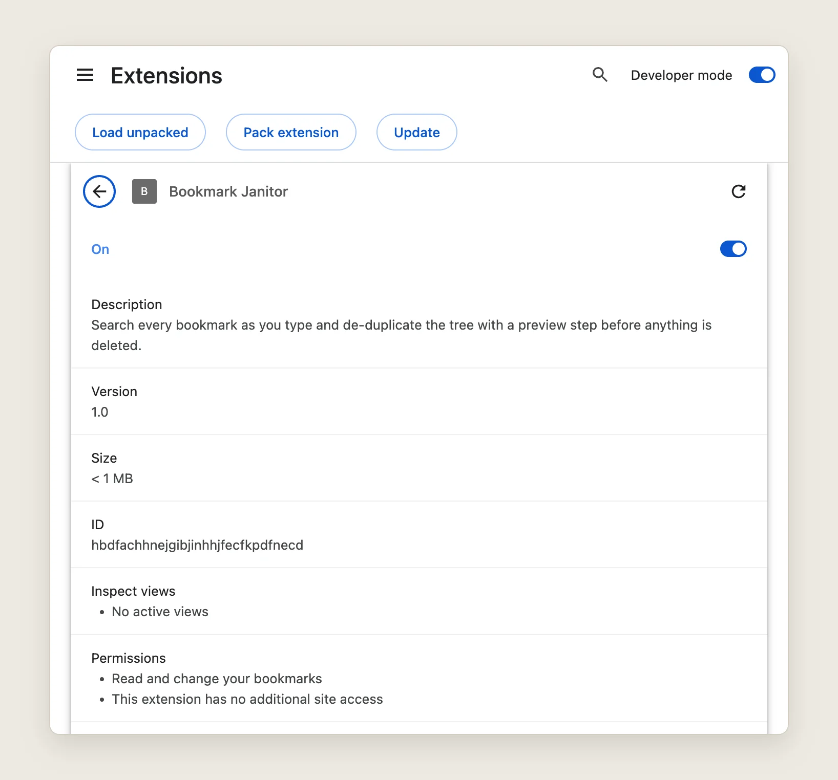 Bookmark Janitor's Details page in chrome://extensions, Permissions listing "Read and change your bookmarks" and no site access