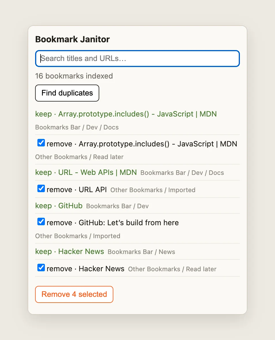 The popup after Find duplicates: green keep rows with folder paths, pre-checked remove rows for the copies, and a Remove 4 selected button