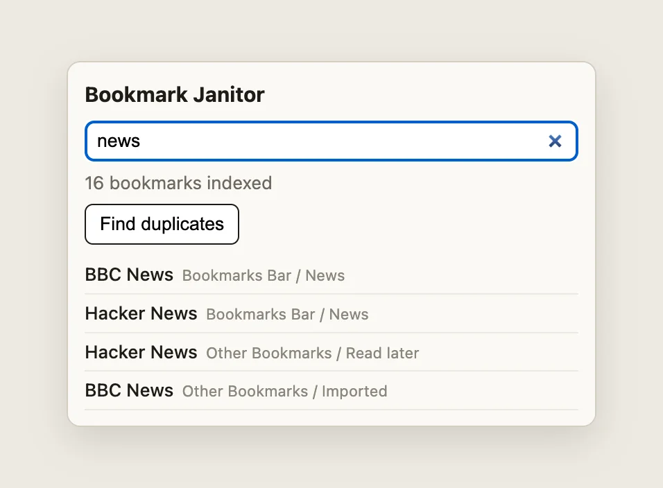 The popup with "news" typed, listing BBC News and Hacker News bookmarks with breadcrumbs like Bookmarks Bar / News and Other Bookmarks / Read later