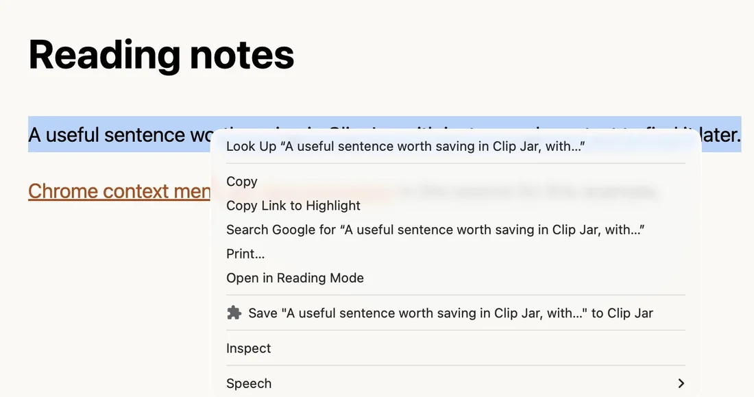 Chrome's right-click menu with a Clip Jar command previewing selected text