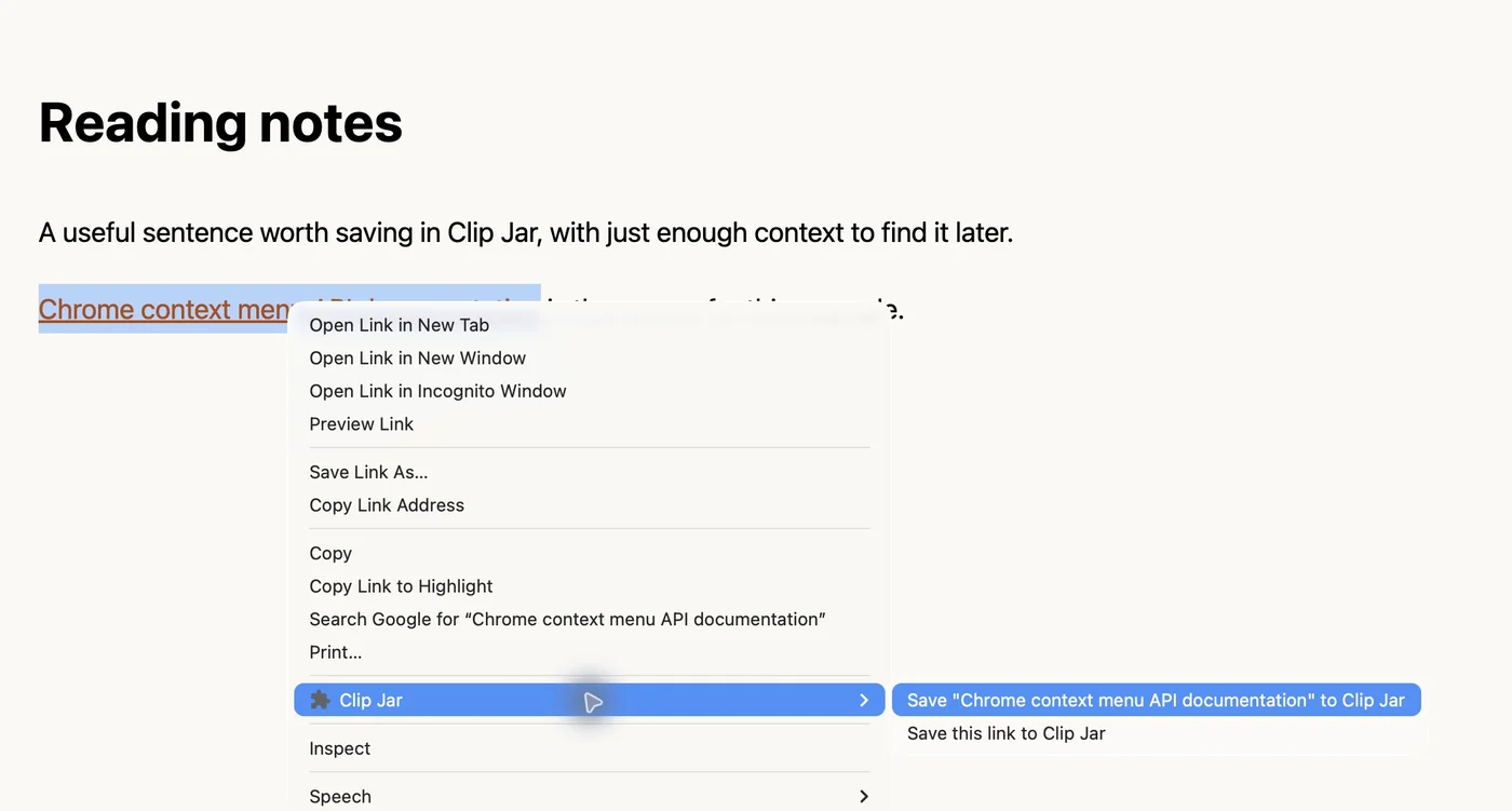 Chrome displaying two matching commands in a Clip Jar submenu