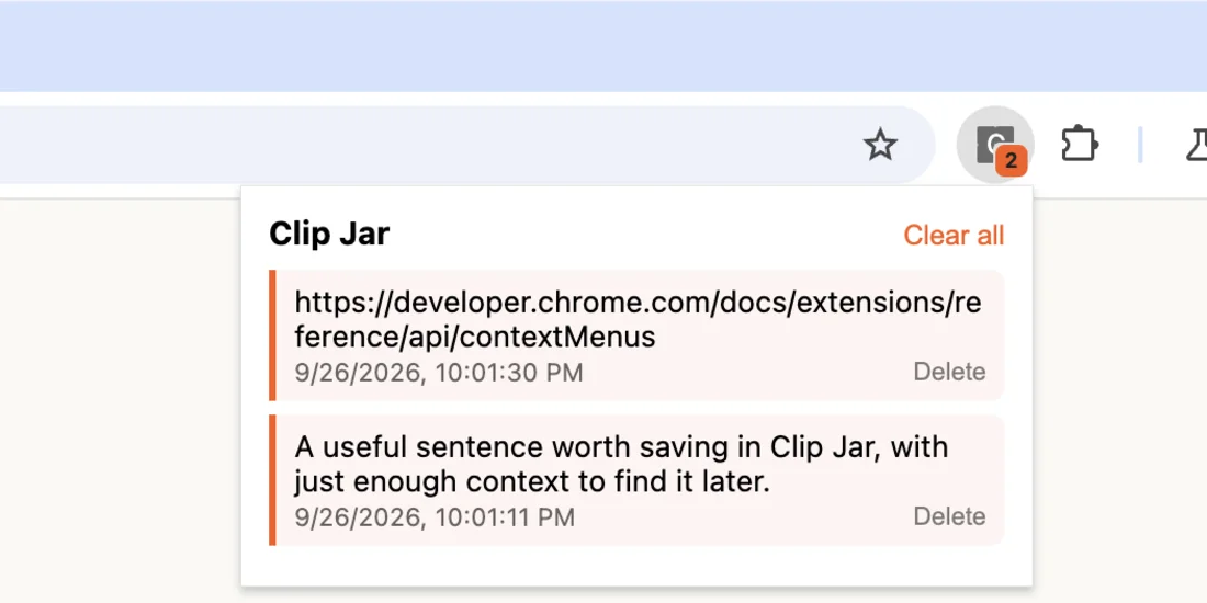 Clip Jar popup with a saved sentence and URL, Delete buttons, and an orange badge showing two clips