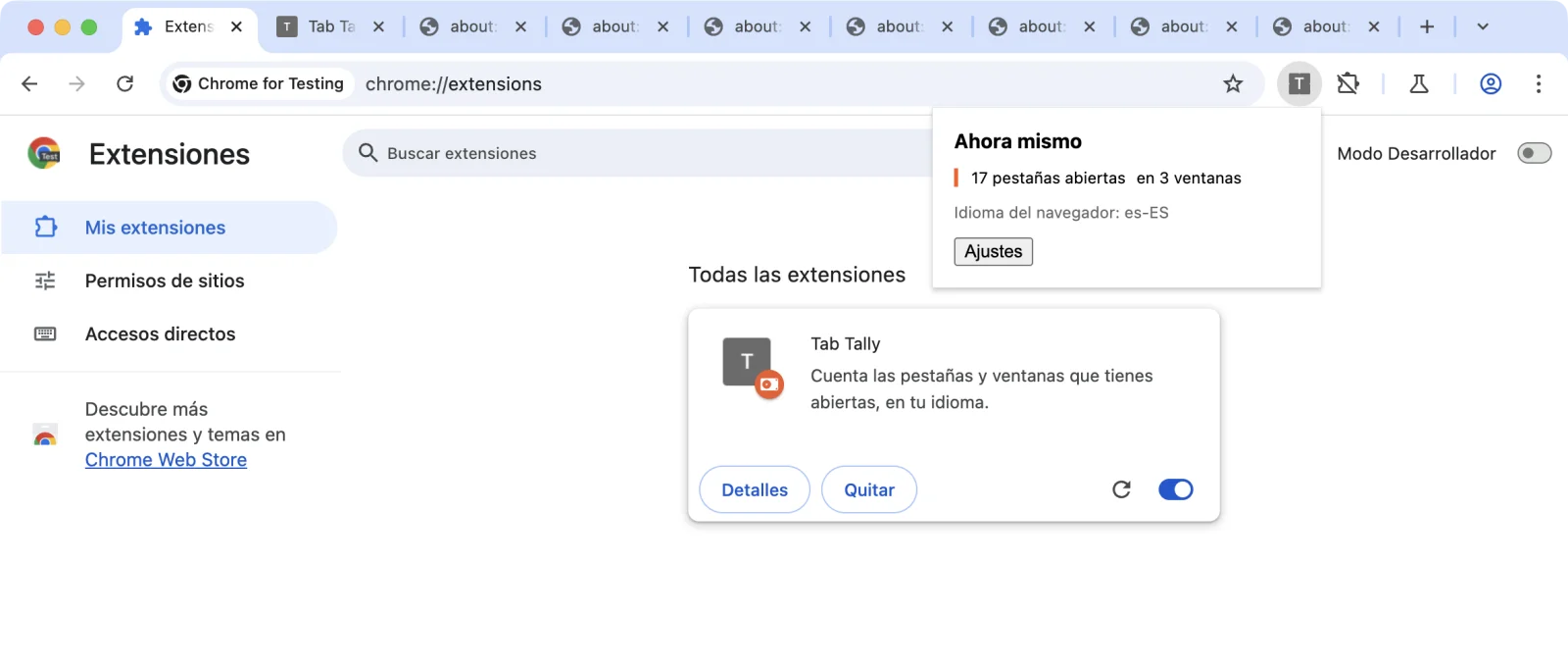 The extension card and popup both showing Spanish strings from the es locale