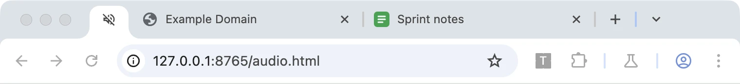 A Chrome tab strip whose first tab is pinned and muted: an icon-only tab at the far left showing a crossed-out speaker