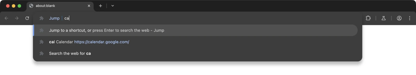 Chrome's address bar in omnibox keyword mode: a "Jump" chip, "ca" typed after it, and a dropdown listing the extension's default suggestion, a matching shortcut with the typed letters in bold and a dimmed title, and a search fallback