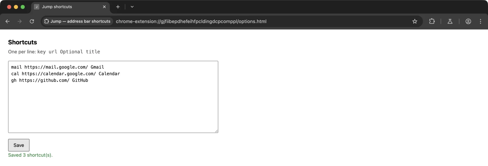 The Jump options page open in a Chrome tab, its textarea holding three shortcut lines — mail, cal and gh — with a green "Saved 3 shortcut(s)." confirmation under the Save button