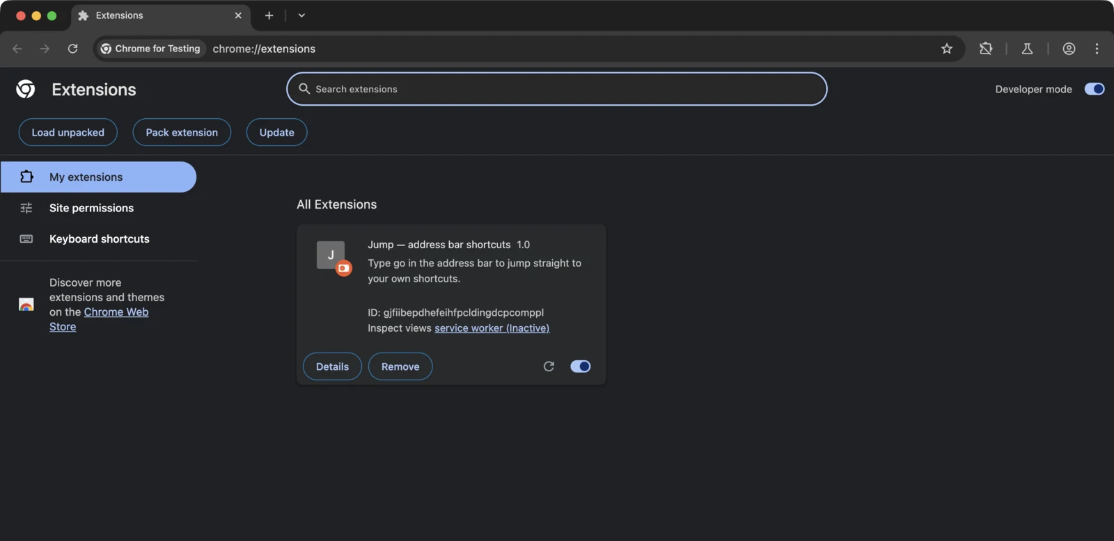 chrome://extensions with Developer mode on and the unpacked "Jump — address bar shortcuts" card showing its extension ID and a service worker inspect link