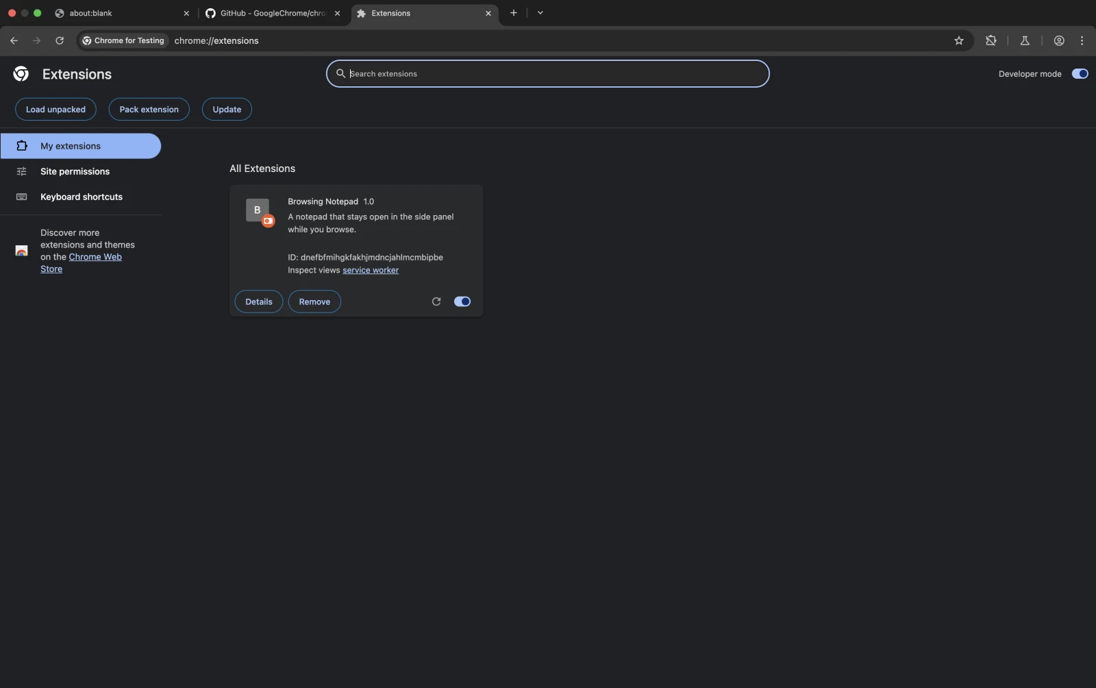 The Browsing Notepad extension loaded unpacked in chrome://extensions