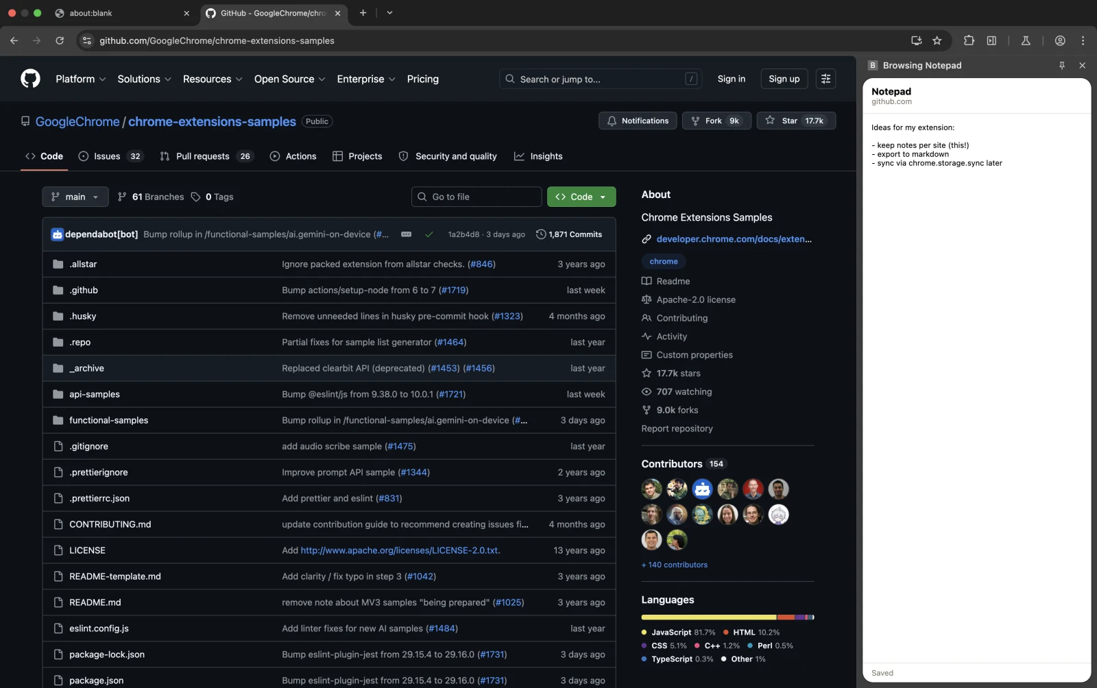 The notepad side panel staying open next to a web page