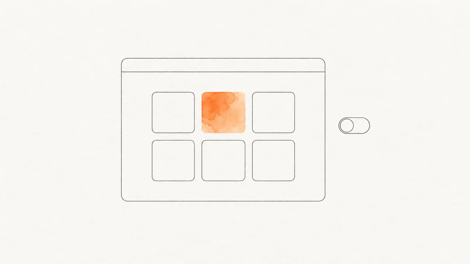 Minimal line drawing of a browser window holding a grid of tiles, one tile in orange watercolor, with a toggle switch beside it