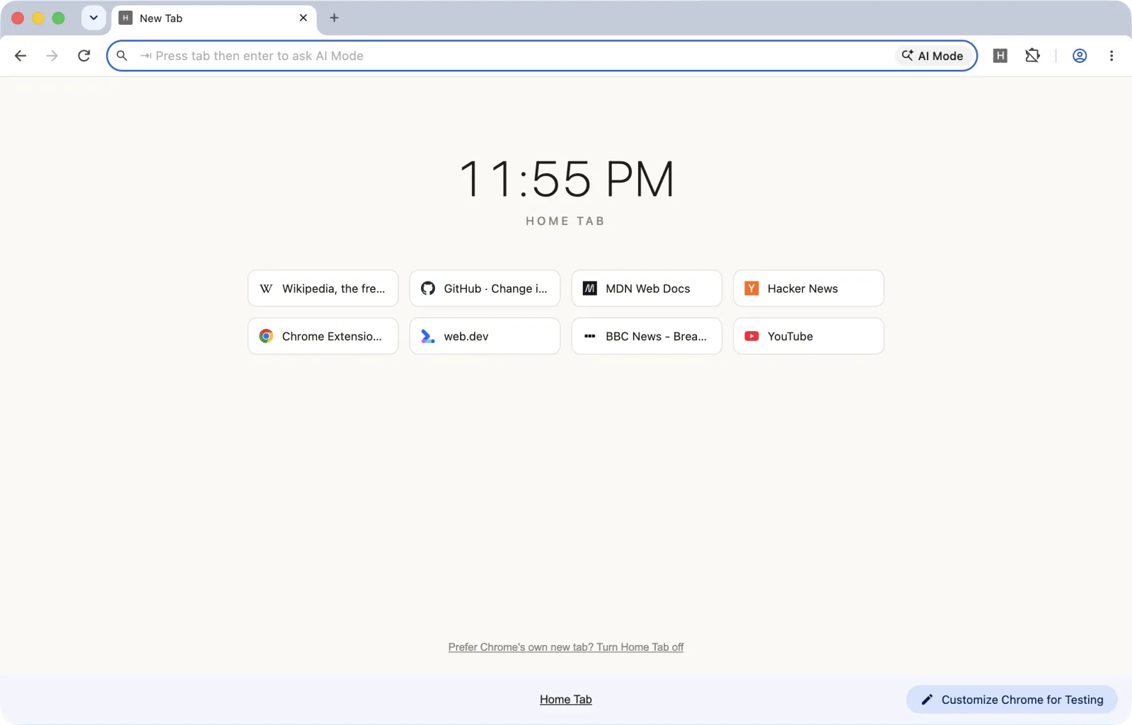Custom new tab page with a clock and a grid of most-visited site tiles