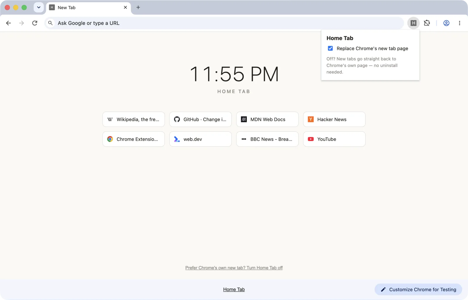 Home Tab popup with a single toggle checkbox for the new tab override