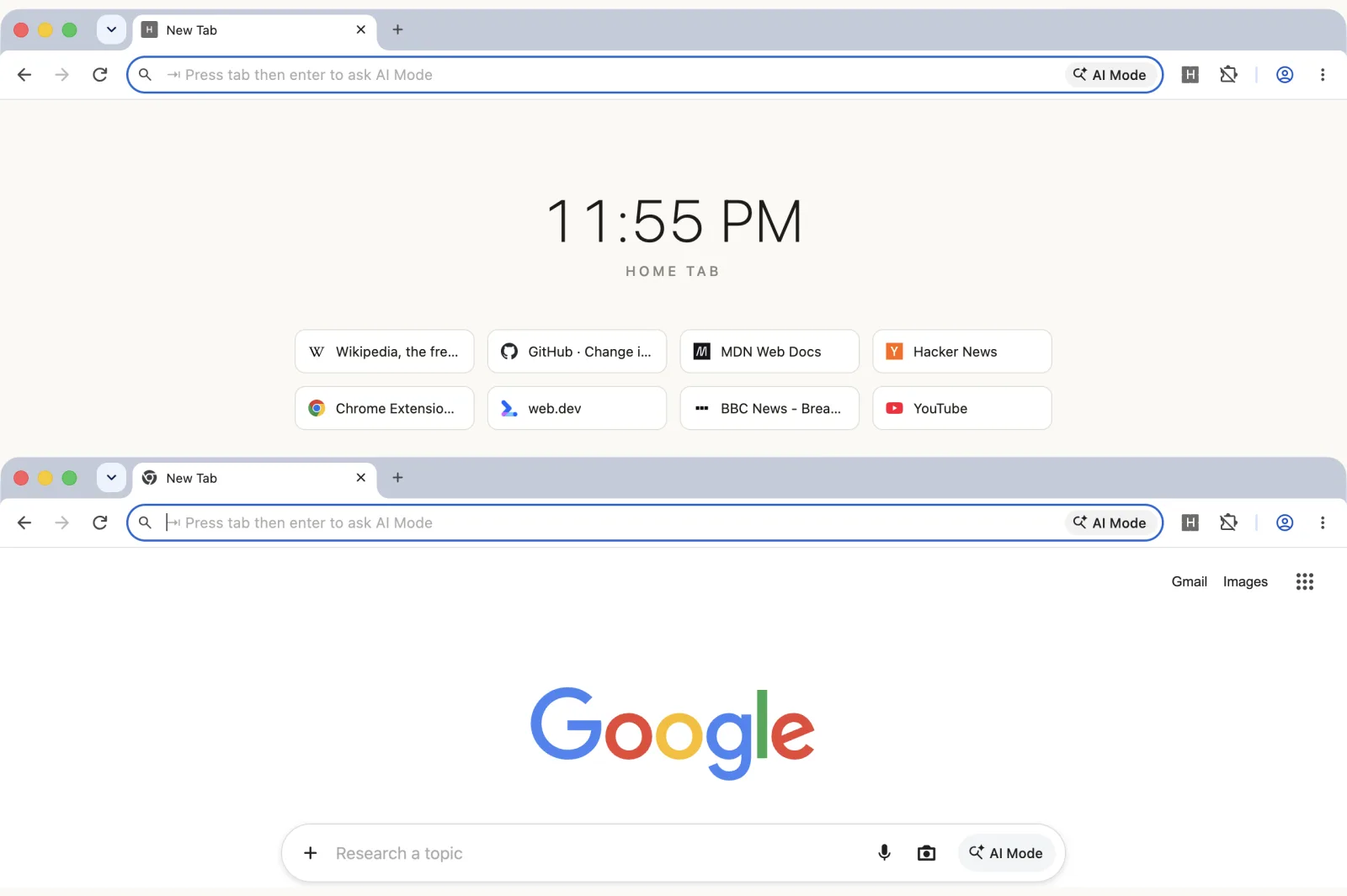 Home Tab dashboard above Chrome's own new tab page