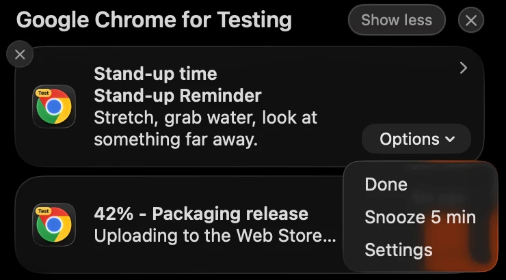 macOS Notification Center showing the Stand-up time notification with its Options menu open, listing Done, Snooze 5 min and Settings