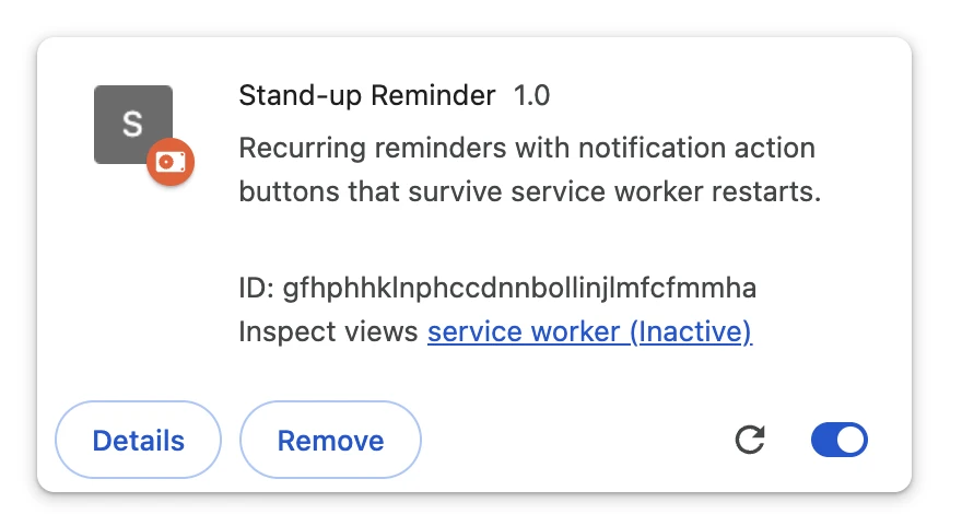 chrome://extensions card for Stand-up Reminder with Inspect views showing service worker (Inactive)