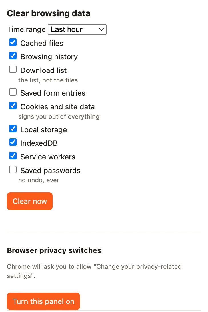 Clean Slate popup with data-type checkboxes pre-filled from Chrome's own clear-data settings
