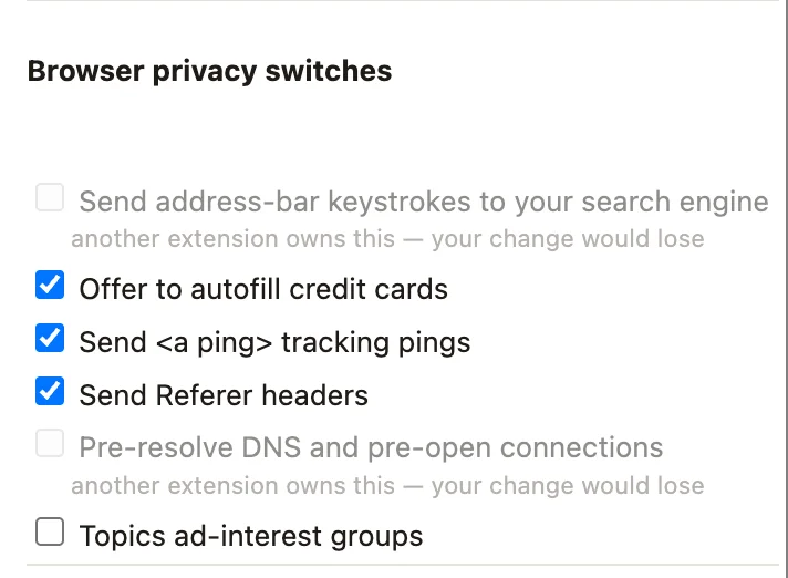 Privacy switches panel with some toggles disabled and labelled with why they cannot be changed