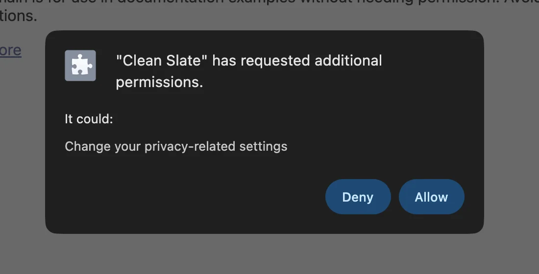 Chrome runtime permission prompt asking to allow changing privacy-related settings