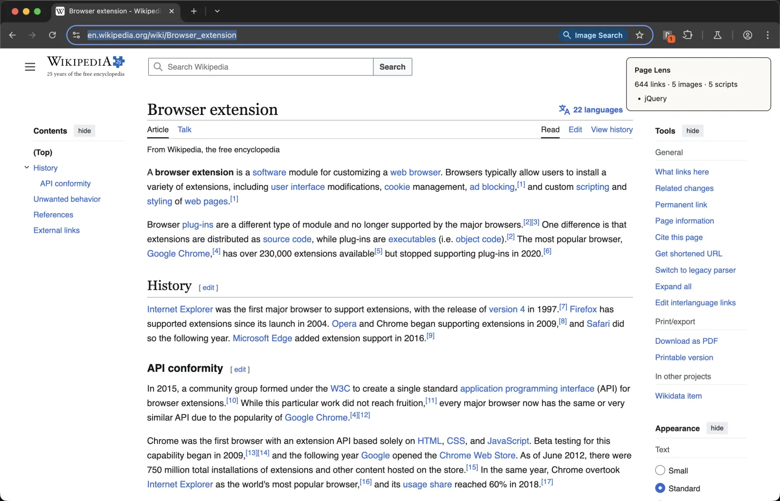 The Page Lens panel open on a web page, listing DOM counts and detected page globals