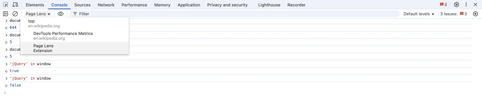 DevTools console context switcher showing the page world and the extension's isolated world