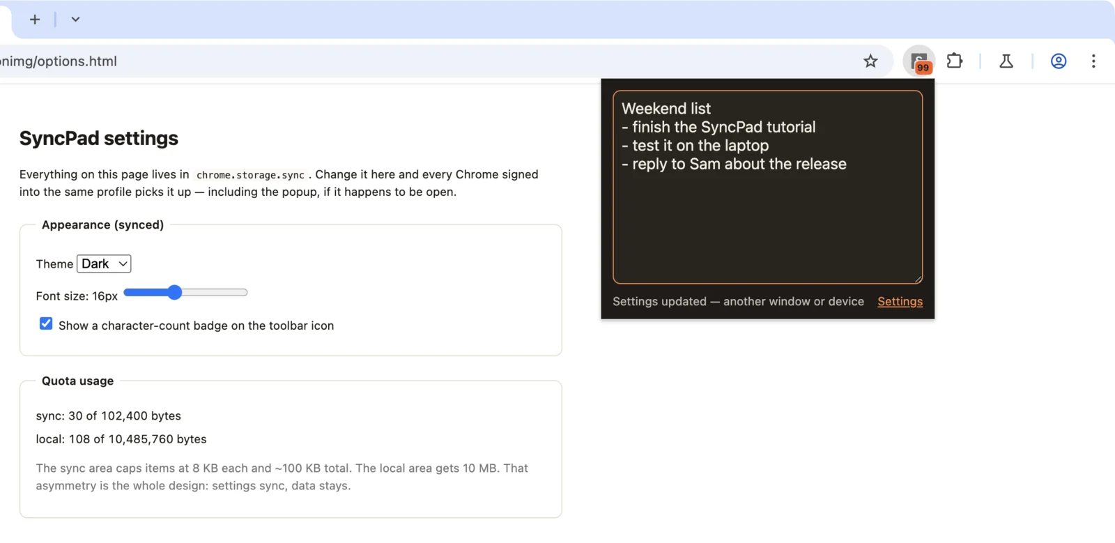 Options page and popup side by side, the popup reflecting a theme change instantly
