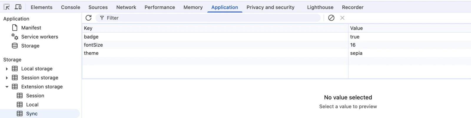 DevTools Application panel with Extension storage → Sync selected, listing the badge, fontSize and theme keys