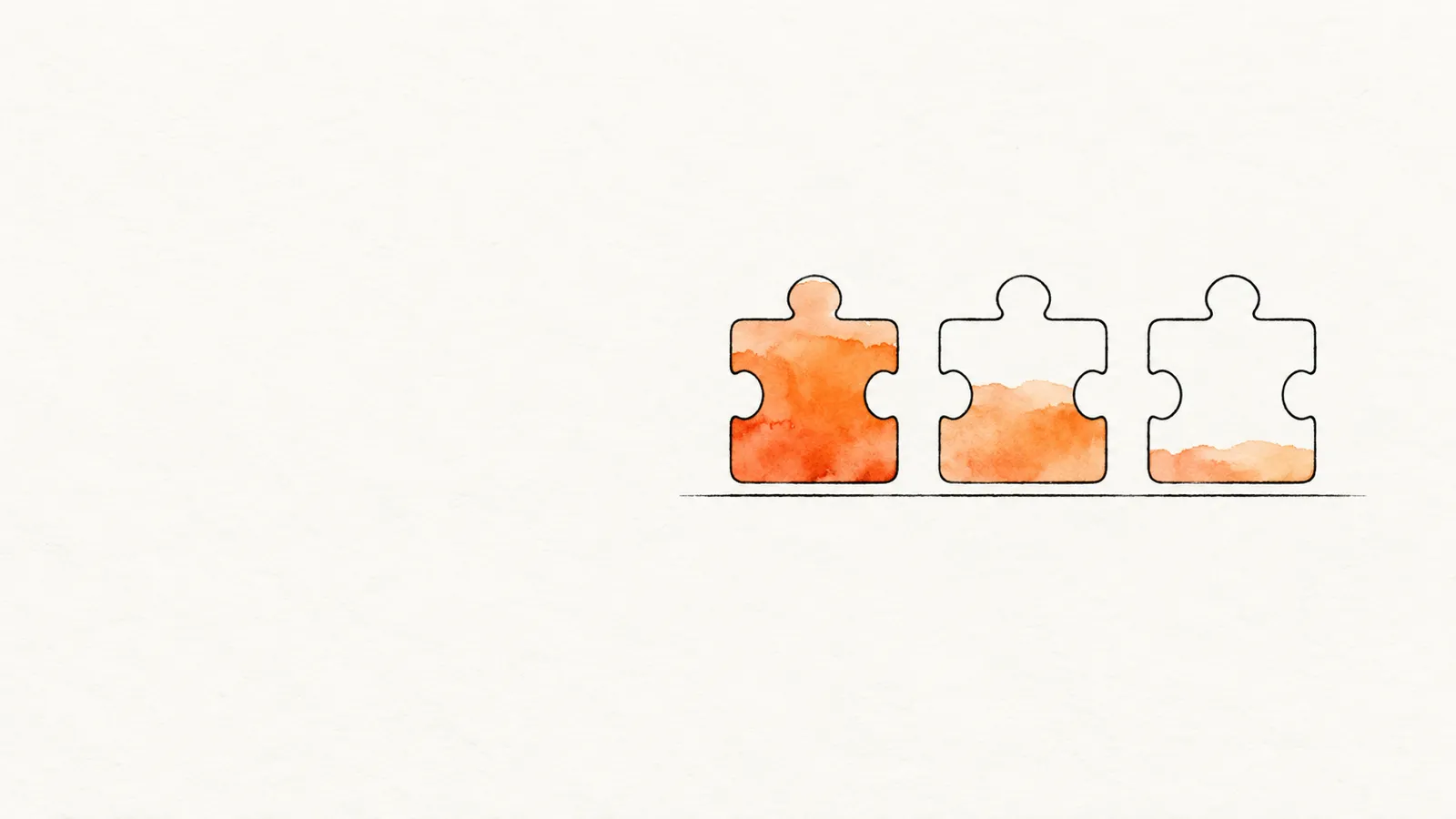 Three hairline puzzle-piece outlines standing in a row on a thin ground line, each holding an orange watercolor wash at a different level: nearly full, about half, and a shallow pool at the base.