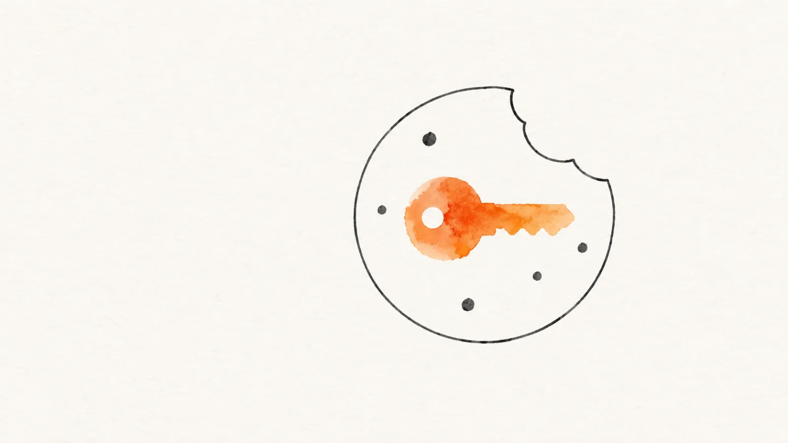A hairline cookie outline with a bite taken out, holding a small key painted in orange watercolor — a session cookie that works like the key to your account.
