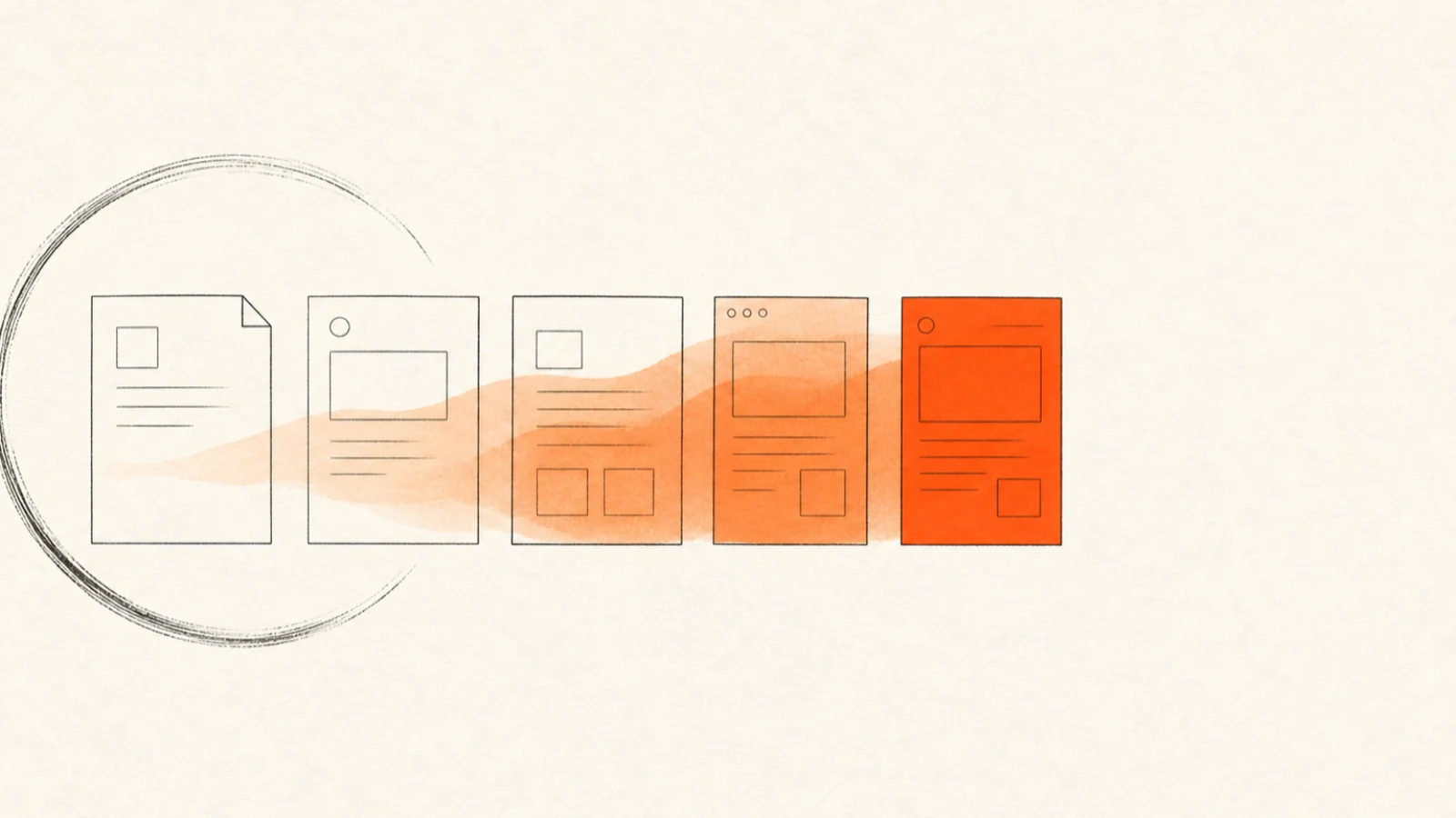 Minimalist web pages in charcoal hairline with a soft orange watercolor wash darkening from left to right — one effect applied to every site.
