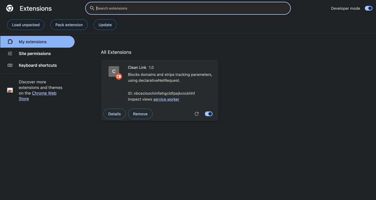 The Clean Link extension card in chrome://extensions after loading it unpacked