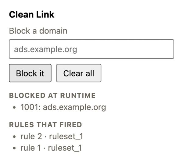 The Clean Link popup listing a runtime block rule and recently matched rules