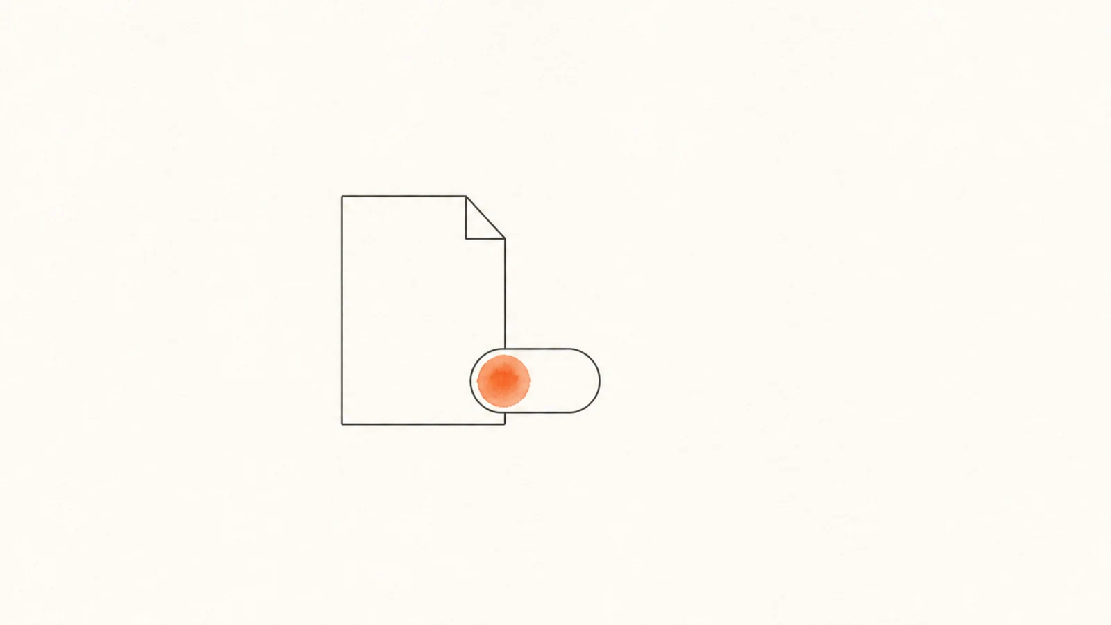 A hairline outline of a local file next to a minimal toggle switch whose knob is a soft orange watercolor dab — file access now behind an explicit opt-in.