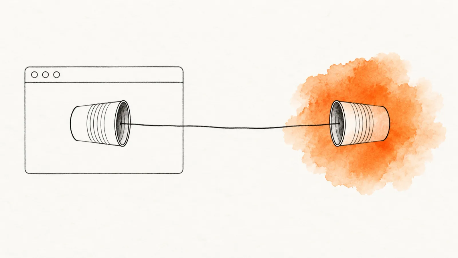 Two tin-can telephones joined by a taut hairline string, one inside a browser window and one outside it in an orange watercolor bloom — an extension talking to a program beyond the sandbox.