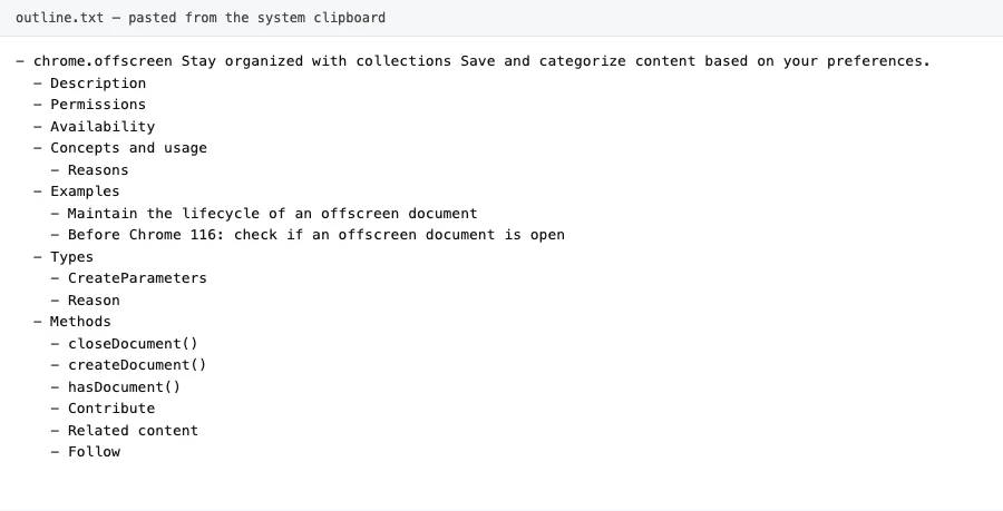 An indented heading outline pasted out of the clipboard into a plain text file