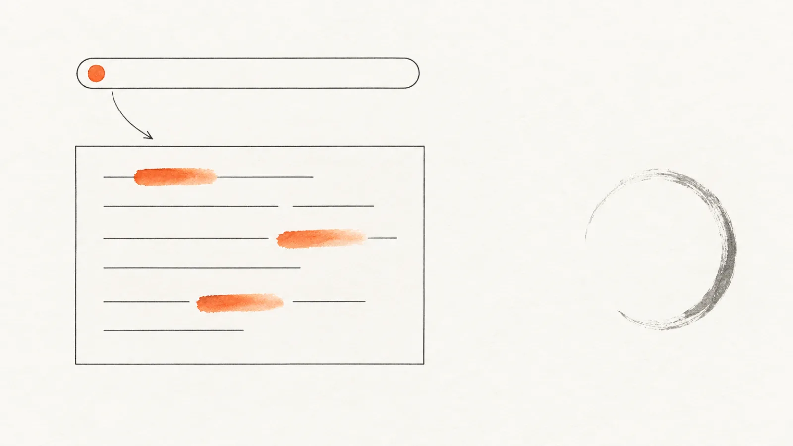 A thin line-drawn address bar with a small orange chip, an ink arrow curving down to a page outline where three words are painted over in orange watercolour