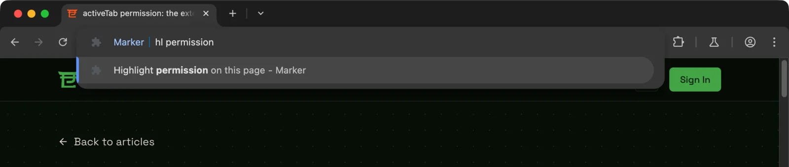 Chrome's address bar in keyword mode showing Marker's preview row for the hl command