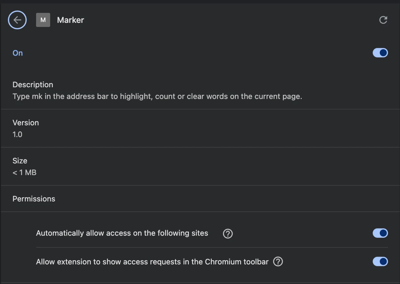 The Marker extension's details page in chrome://extensions with an empty permissions section