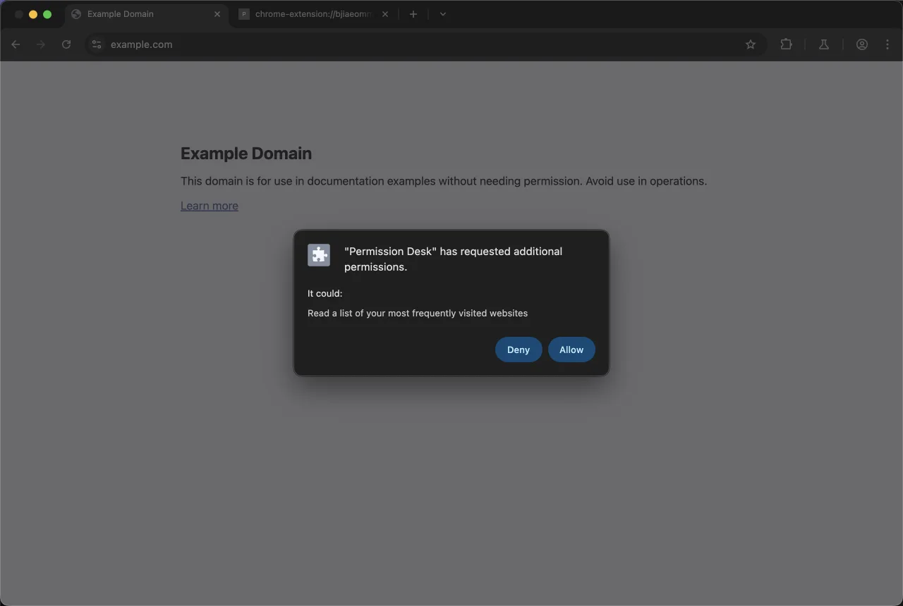 Chrome's runtime permission prompt asking to read the list of most visited websites