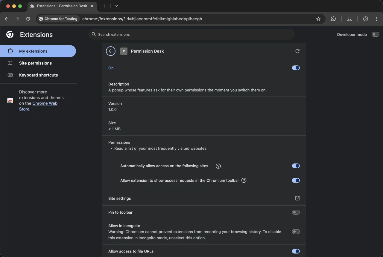 The extension details page listing the granted optional permission with no switch to turn it off