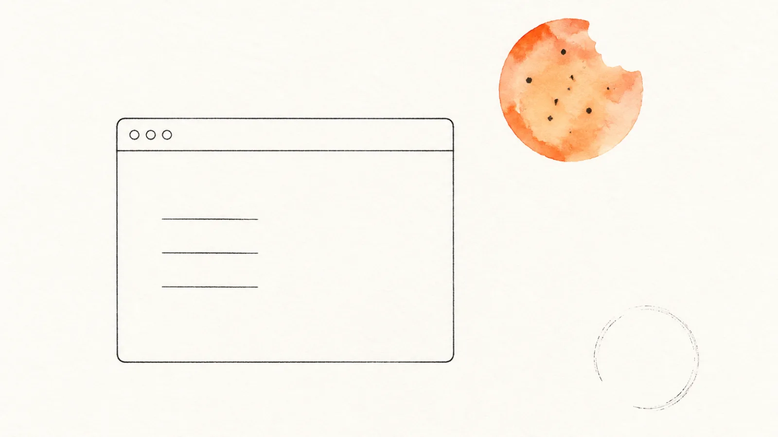 A hairline browser window holding an empty list, while a single orange watercolour cookie with a bite taken out floats just outside its frame — present, but unseen by the window.
