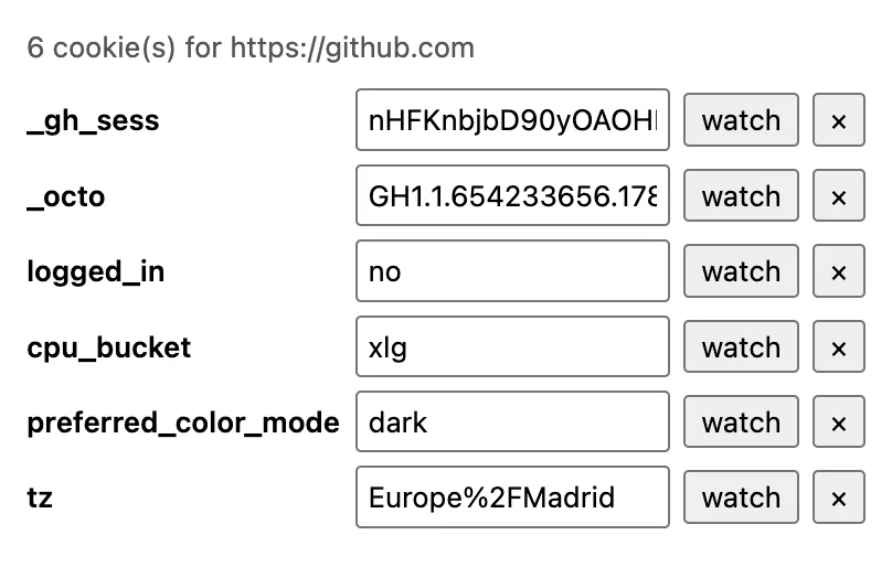 Cookie Peek listing the cookies of the current site with editable values