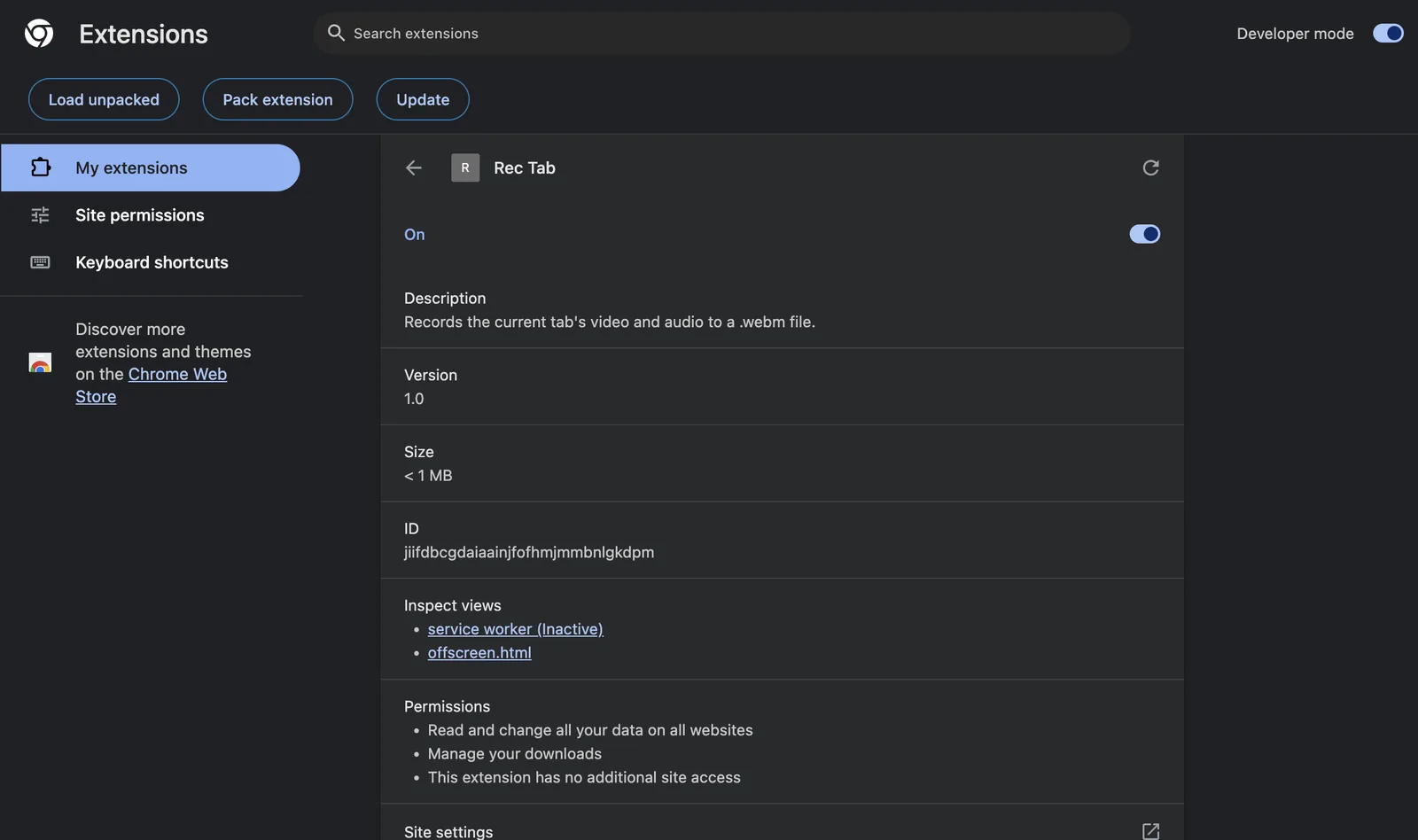 The Rec Tab extension page listing a live offscreen document under Inspect views