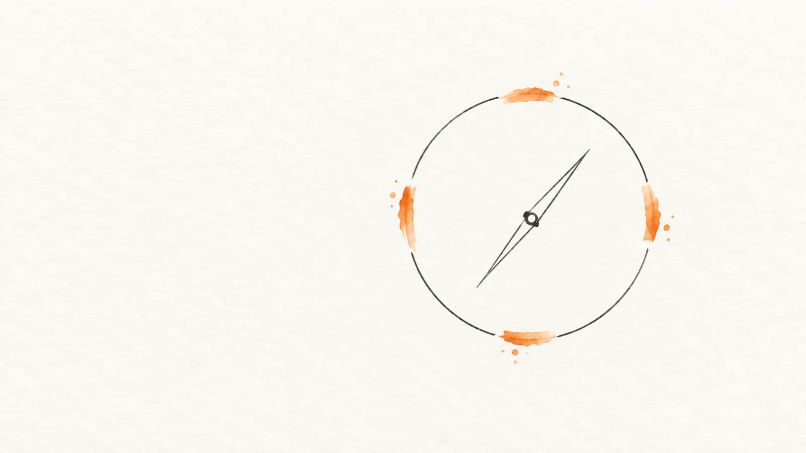A minimal hairline compass ring with a slender charcoal needle on paper-white; four small breaks in the ring are mended with short strokes of orange watercolor.
