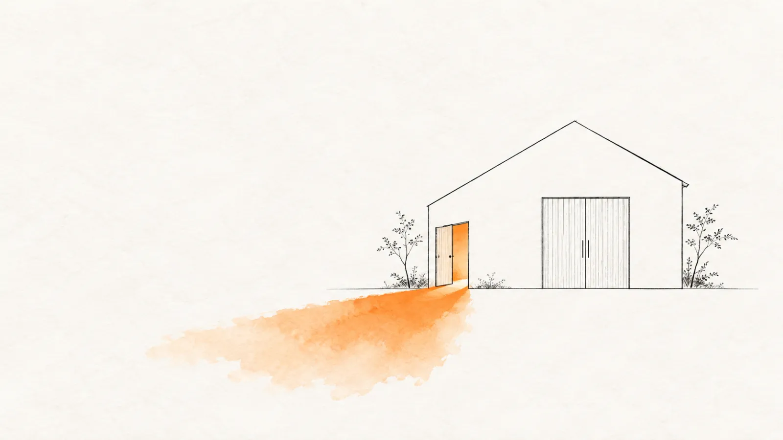 A hairline building with its large front doors shut and a small side door left ajar, orange watercolor light spilling out across the ground — an extension that came in the side door.
