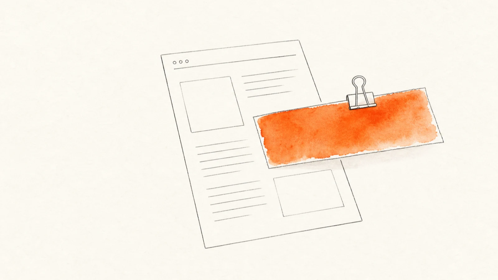 A hairline web page with one rectangular section clipped out as an orange watercolor swatch — a web clipper grabbing a fragment of a page.
