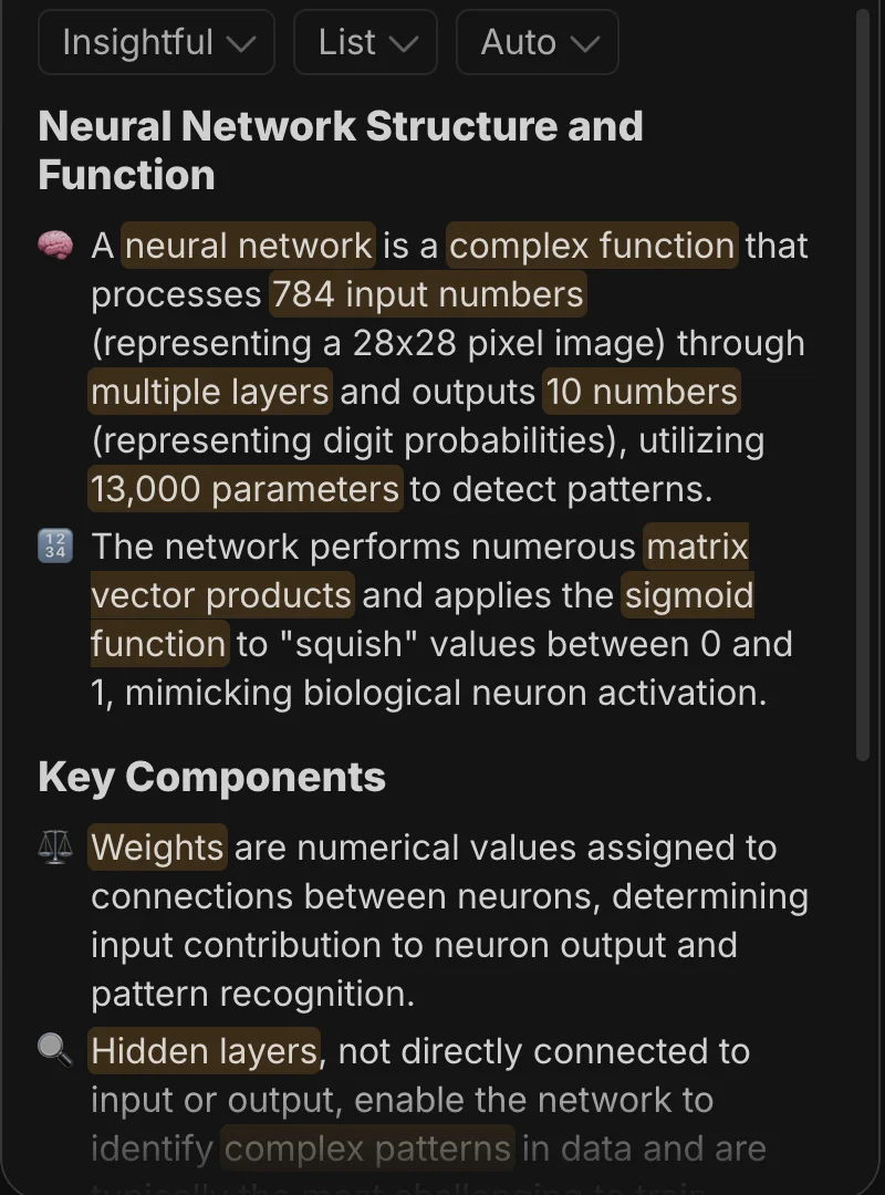 Eightify full summary beside a YouTube video, with format controls and highlighted key phrases