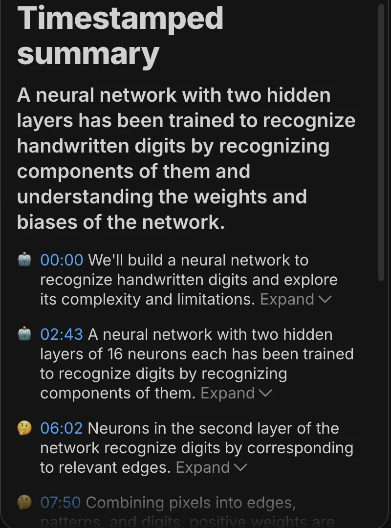 Eightify timestamped summary with clickable sections at 00:00, 02:43, and 06:02